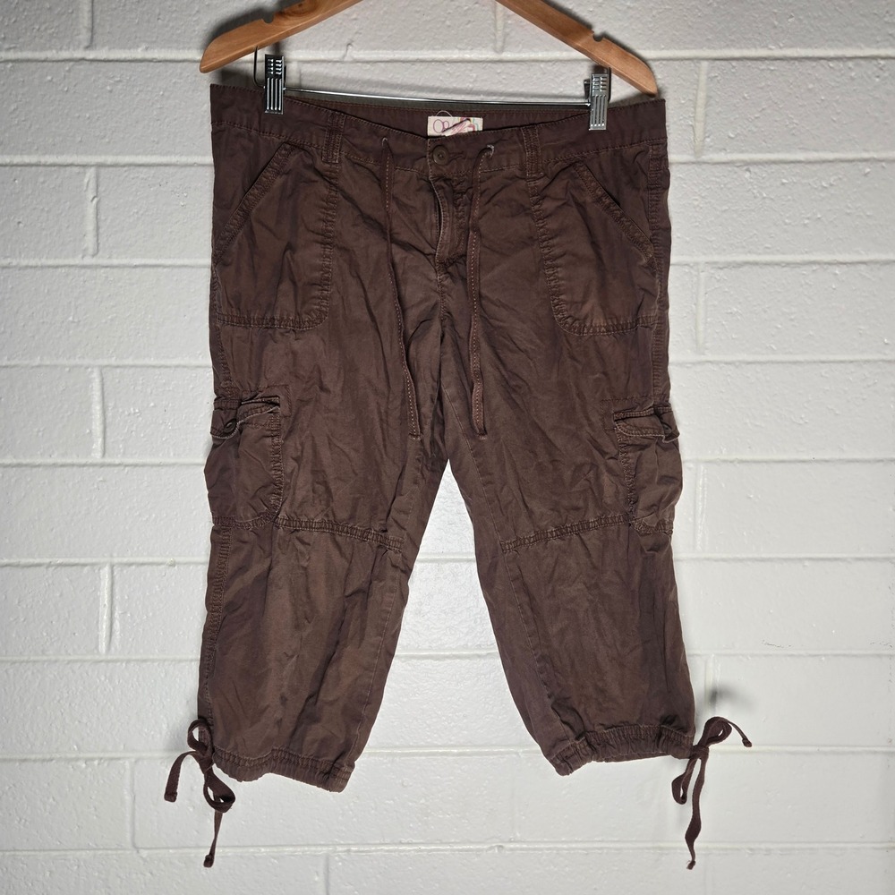 Vtg OP Womens Cargo Capri Pants Brown Chestnut Juniors 13 Drawstring Cotton Y2K